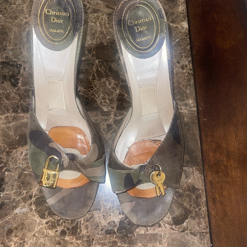 Dior Women's Tan and Dark Green Lock and Key Camouflage Mules